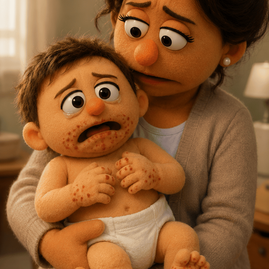 mama carga a su hijo que tiene enfermedad de manos, pies y boca.