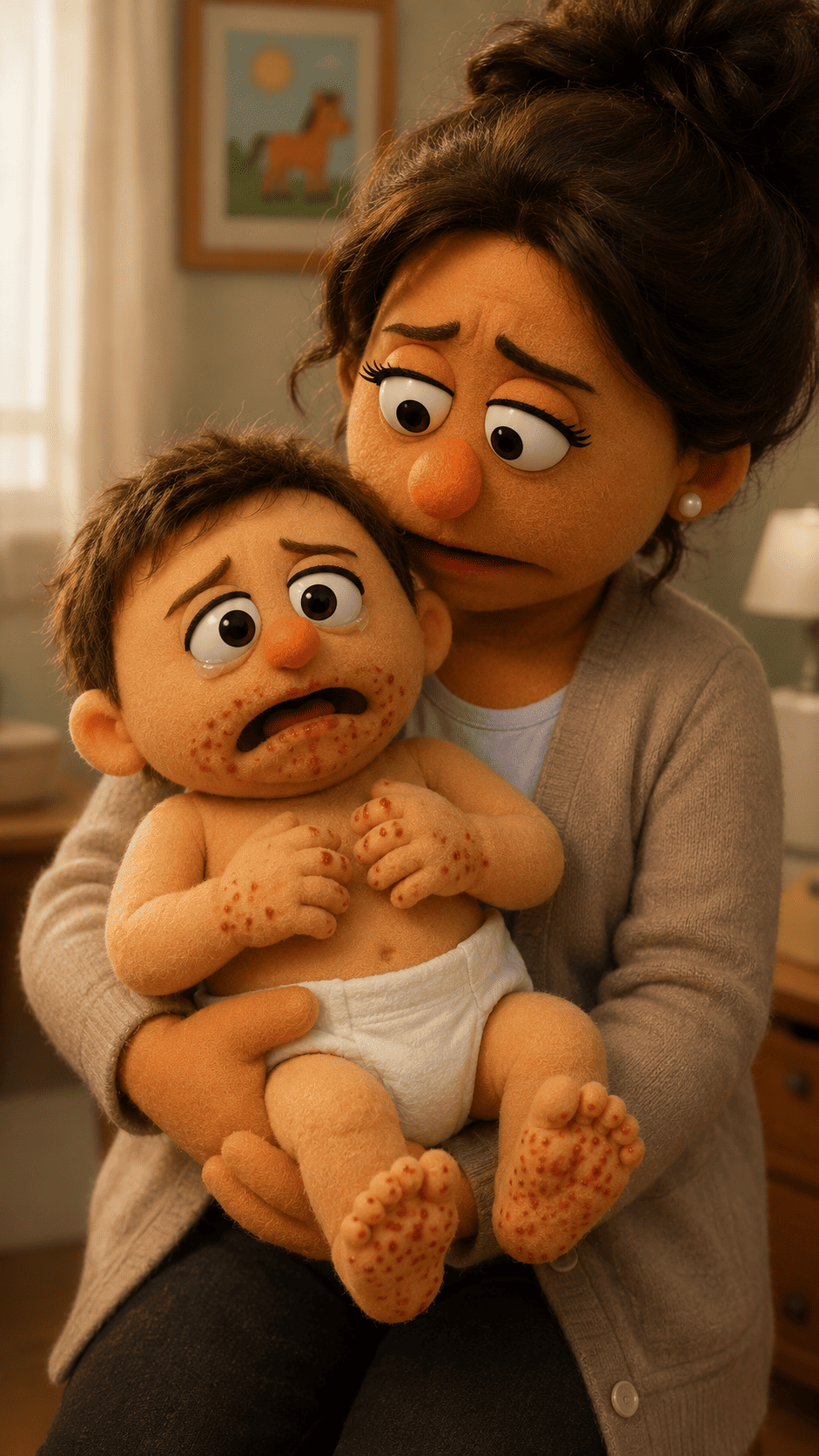 mama carga a su hijo que tiene enfermedad de manos, pies y boca.