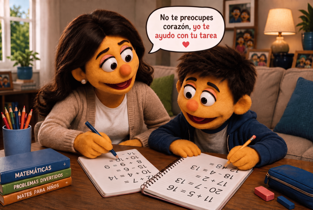 Mamá haciendo la tarea de matemáticas por su hijo, ejemplo de crianza sobreprotectora