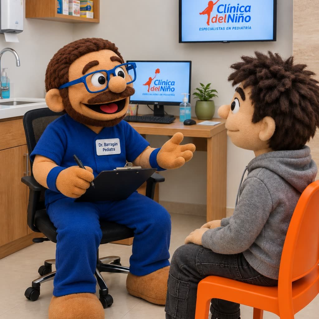 consulta-clinica-del-nino Dr. Barragán, pediatra de Clínica del Niño, conversa con un paciente durante una consulta de crecimiento y desarrollo del adolescente en el consultorio