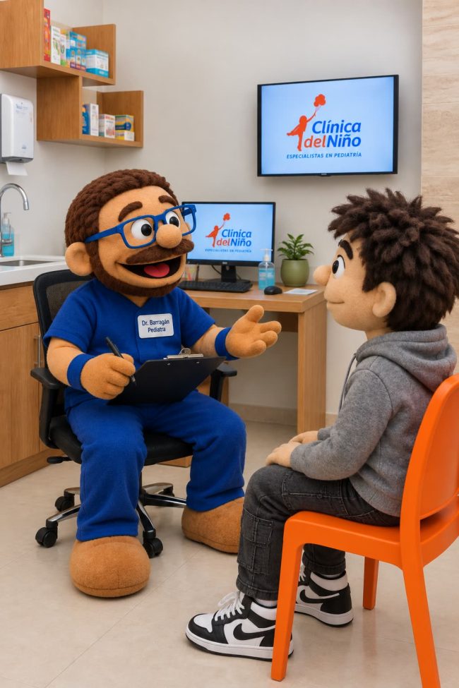 Dr. Barragán, pediatra de Clínica del Niño, conversa con un paciente durante una consulta de crecimiento y desarrollo del adolescente en el consultorio