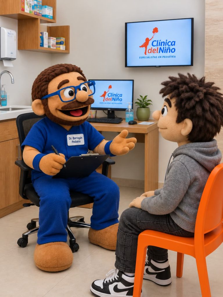 Dr. Barragán, pediatra de Clínica del Niño, conversa con un paciente durante una consulta de crecimiento y desarrollo del adolescente en el consultorio