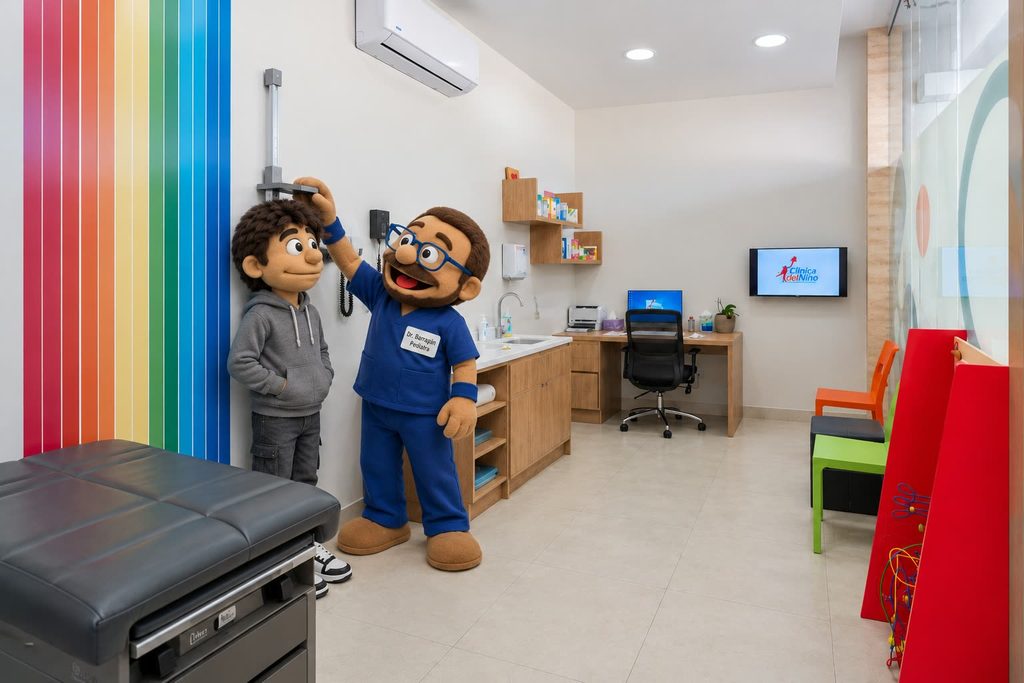 Consultorio pediátrico de Clínica del Niño con pared de colores, donde el personaje Dr. Barragán mide el crecimiento y desarrollo del adolescente en el estadímetro