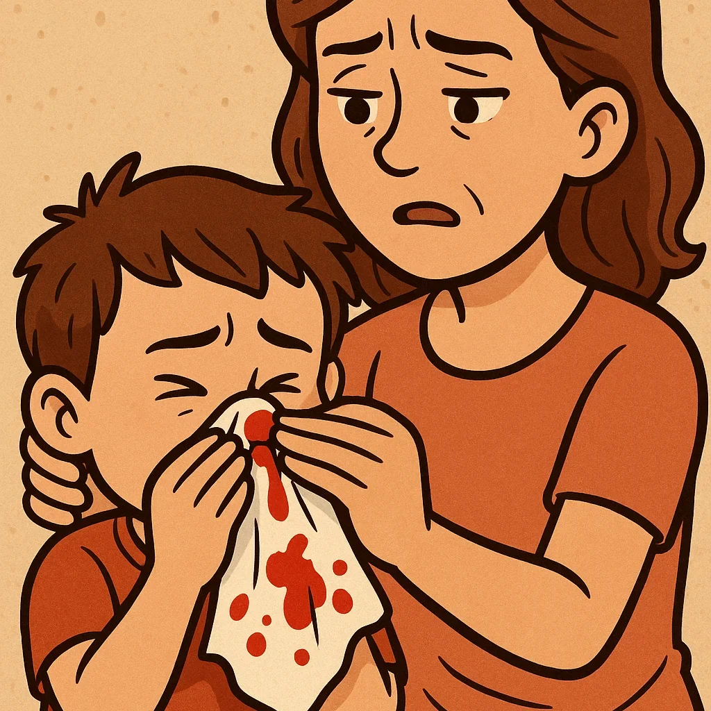 Sangrado nasal en niños Madre preocupada consuela a su hijo mientras el niño se cubre la nariz con un pañuelo manchado de sangre