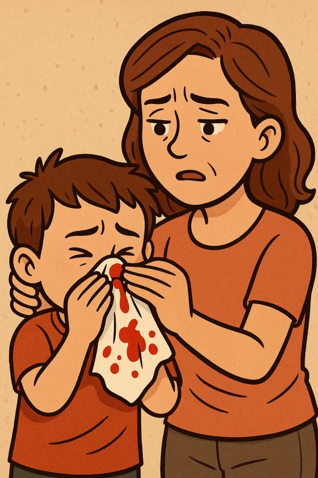 Sangrado nasal en niños Madre preocupada consuela a su hijo mientras el niño se cubre la nariz con un pañuelo manchado de sangre