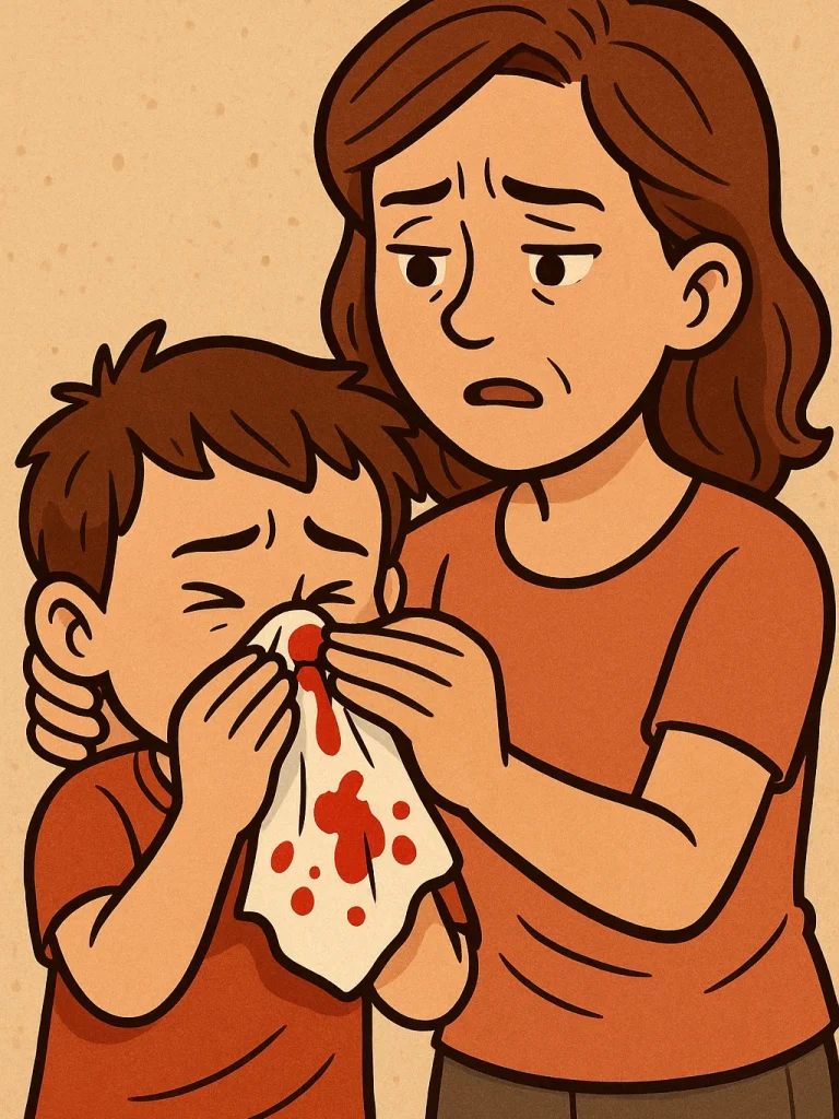 Sangrado nasal en niños Madre preocupada consuela a su hijo mientras el niño se cubre la nariz con un pañuelo manchado de sangre