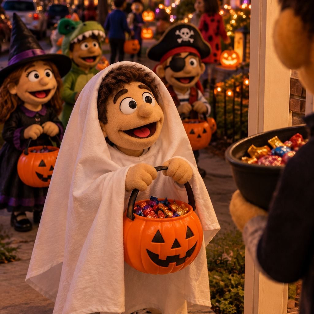 A qué edad pueden comer dulces los niños: niño disfrazado de fantasma pidiendo dulces en Halloween