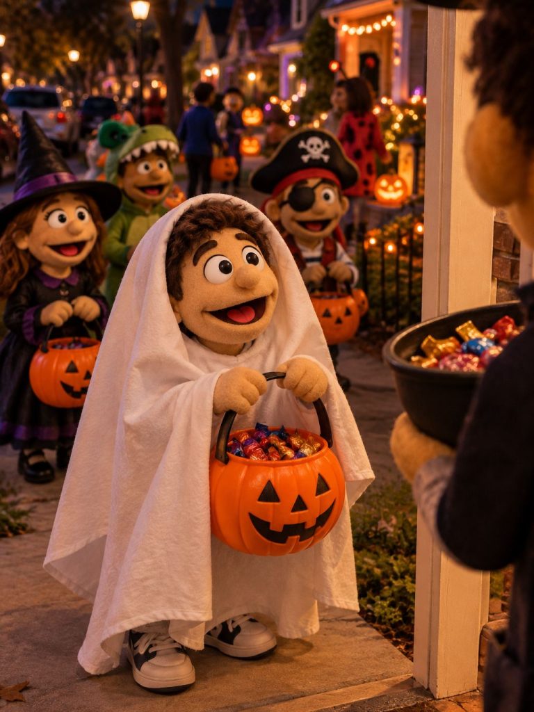 A qué edad pueden comer dulces los niños: niño disfrazado de fantasma pidiendo dulces en Halloween