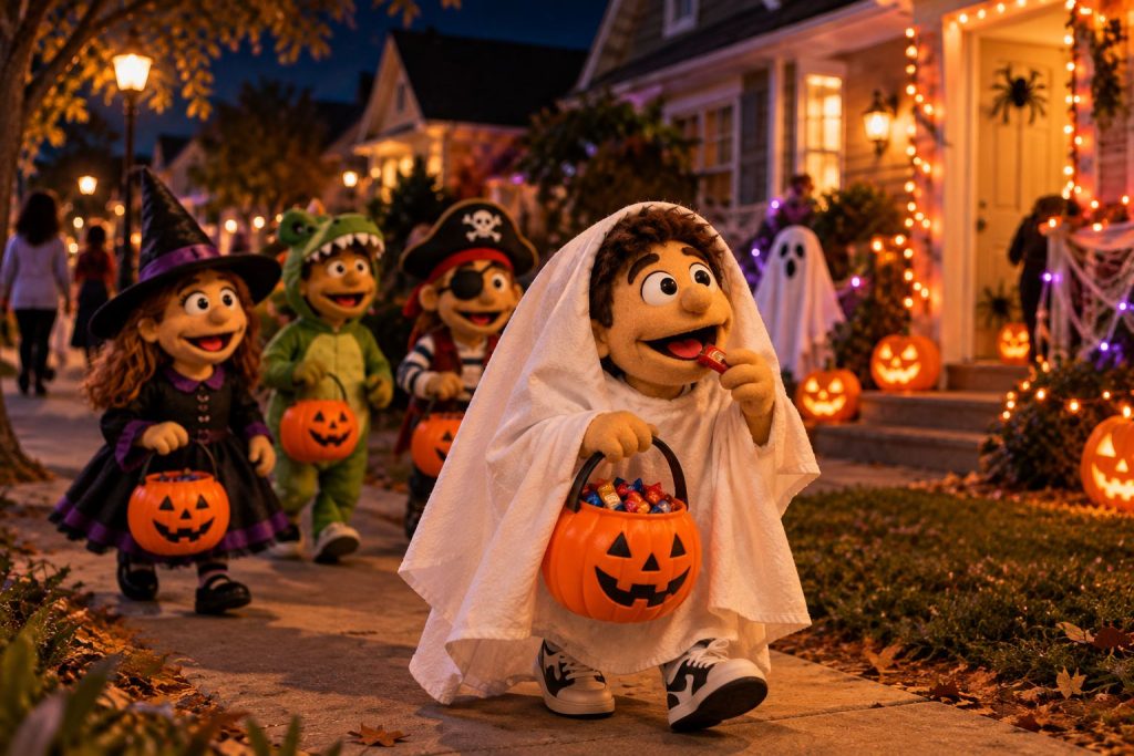 A qué edad pueden comer dulces los niños: grupo de niños disfrazados pidiendo dulces en Halloween